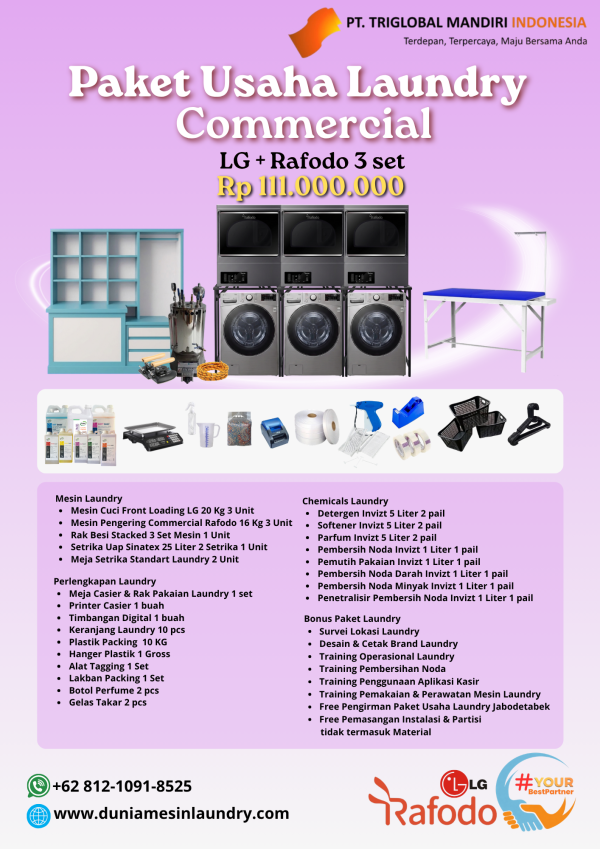 Paket Usaha Laundry Commercial LG 20 + Rafodo 3 Set