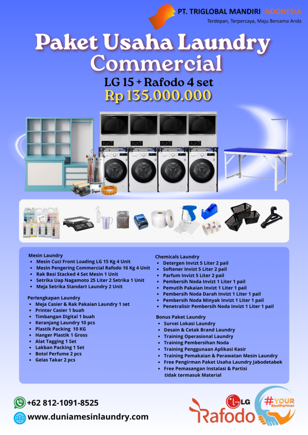Paket Usaha Laundry Commercial LG 15 + Rafodo 4 Set