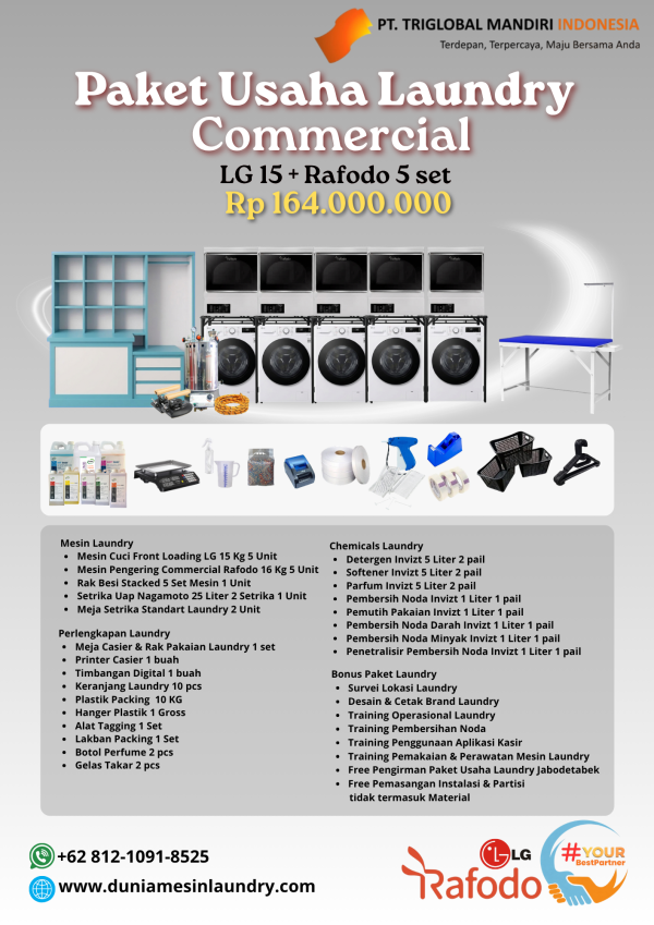 Paket Usaha Laundry Commercial LG 15 + Rafodo 5 Set